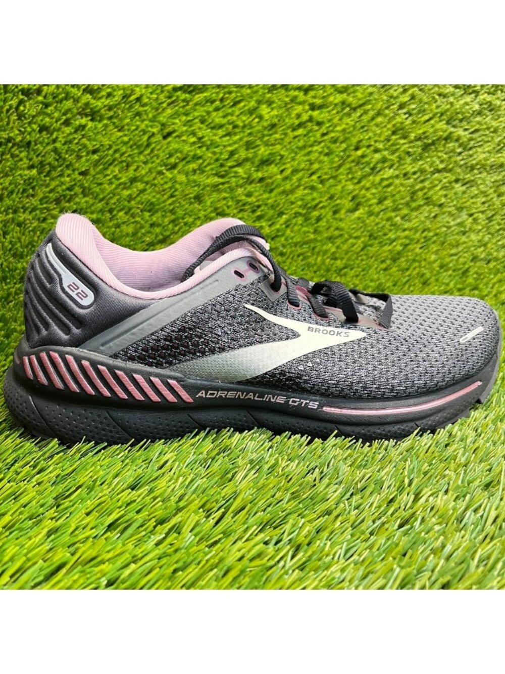 Brooks Adrenaline GTS 22 Womens Size 9D Gray Pink Black Running Shoes Sneakers